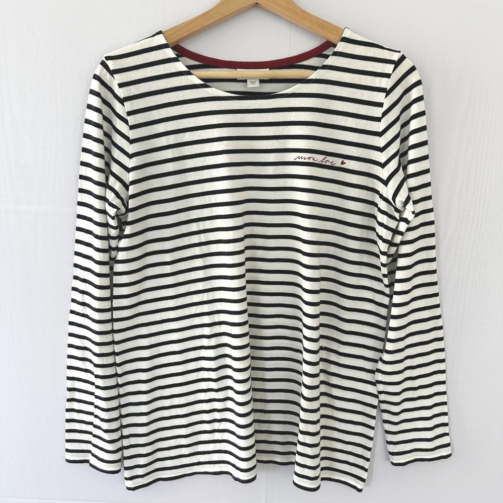J. Jill Womens Small Striped More Love Embroidered Long Sleeve Tee Black White